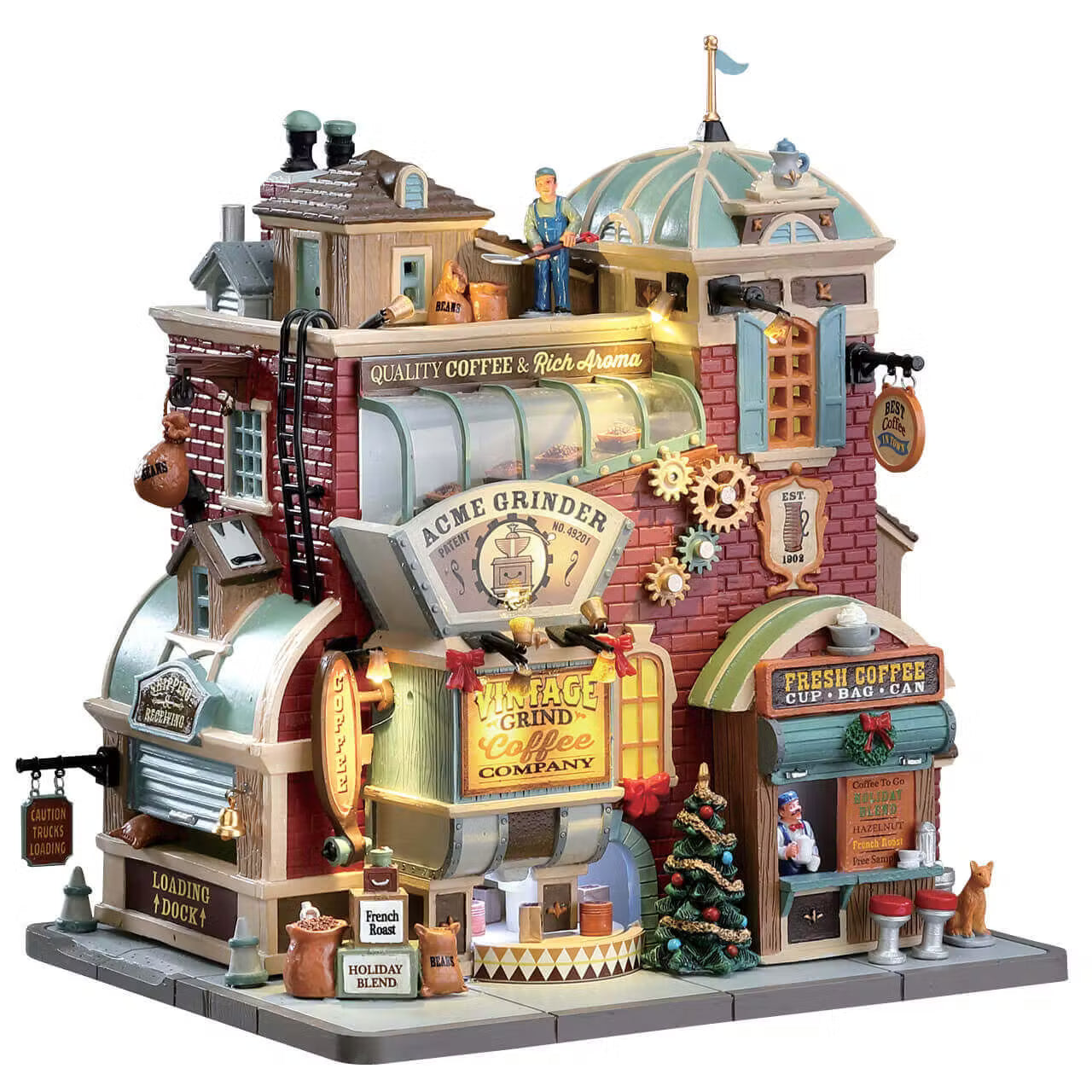 Vintage Grind Coffee Company Lemax: fabbrica di caffè illuminata per Villaggio di Natale con effetti animati, dettagli architettonici in mattoni rossi e cupola verde distintiva, perfetta per collezionisti. | Dematteis.it