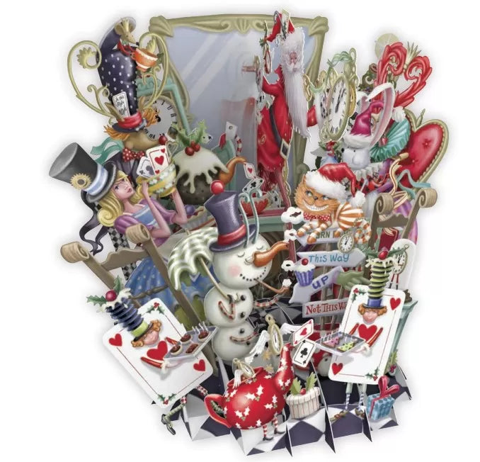 Biglietto Auguri 3D Alice's Christmas con decorazioni pop-up tridimensionali a tema natalizio e personaggi fantasy - DeMatteis.it