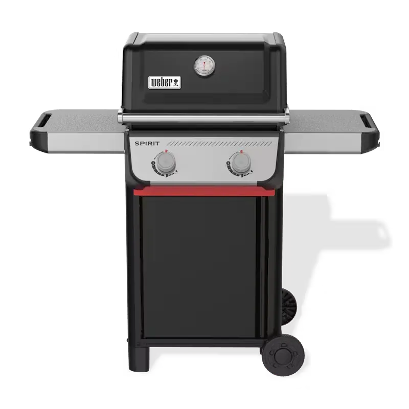 Weber barbecue a gas Spirit E-210 con due bruciatori in acciaio inox, sistema Flavorizer e griglie in ghisa smaltata per una cottura uniforme e saporita, design elegante nero con ripiani laterali. | Dematteis.it