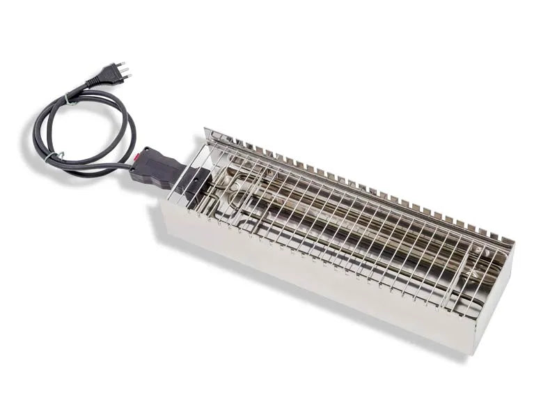 Cuoci spiedini elettrico CBE con 26 incavi per arrosticini e griglia integrata, struttura in acciaio inox con vaschetta raccogli liquidi e termostato regolabile per una cottura professionale | Dematteis.it