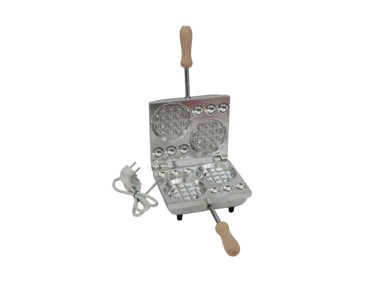 Ferro ferratelle 5050200: stampo rettangolare in alluminio, che mostra il design a doppia piastra per 2 waffle tondi e 6 sfere, completo di manici in legno e cavo elettrico. | Dematteis.it