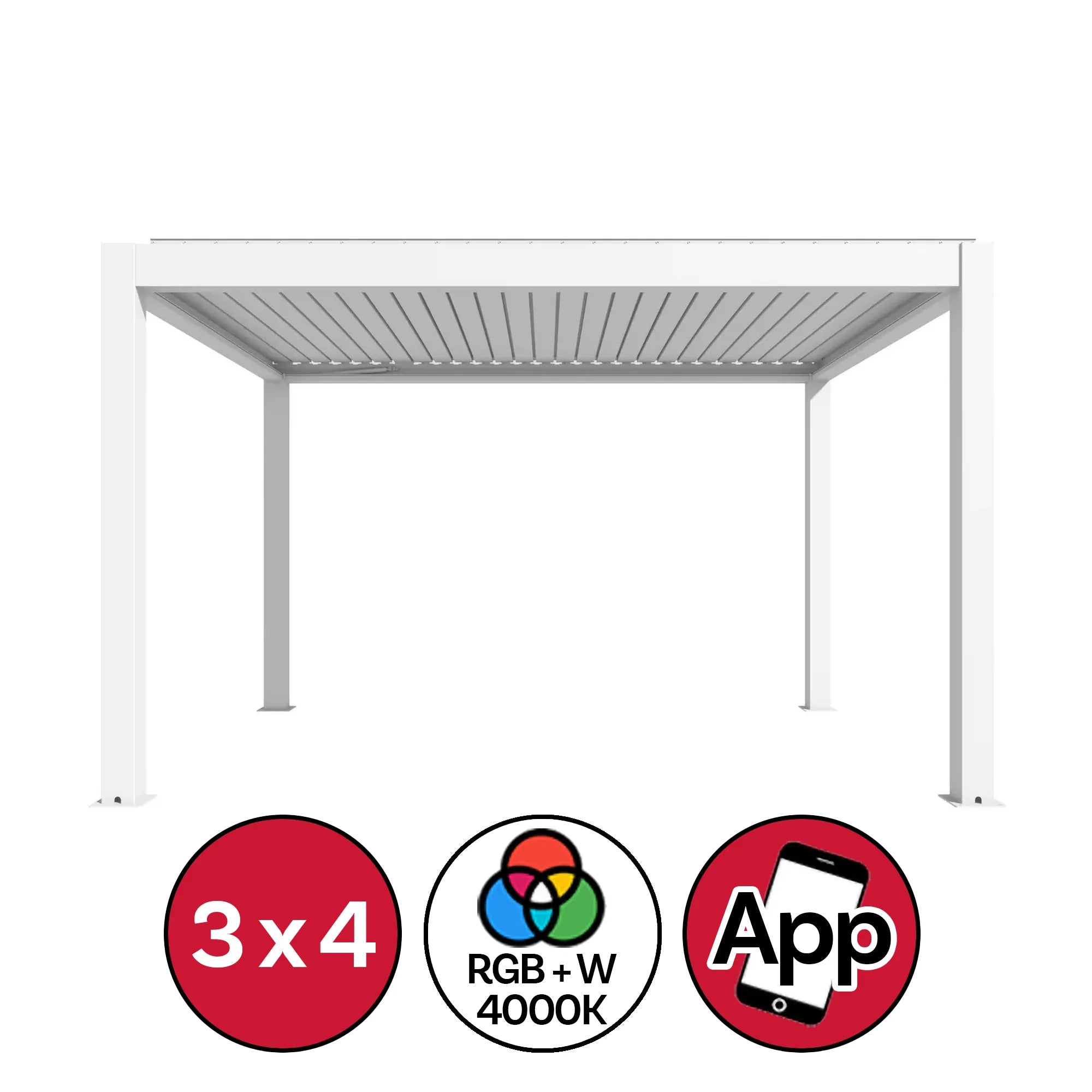 Pergola bioclimatica 3x4 motorizzata con struttura in alluminio bianco RAL 9010, lamelle orientabili e quattro colonne 15x15 cm, con icone caratteristiche dimensioni 3x4, illuminazione LED RGB+W 4000K e controllo app | DeMatteis.it