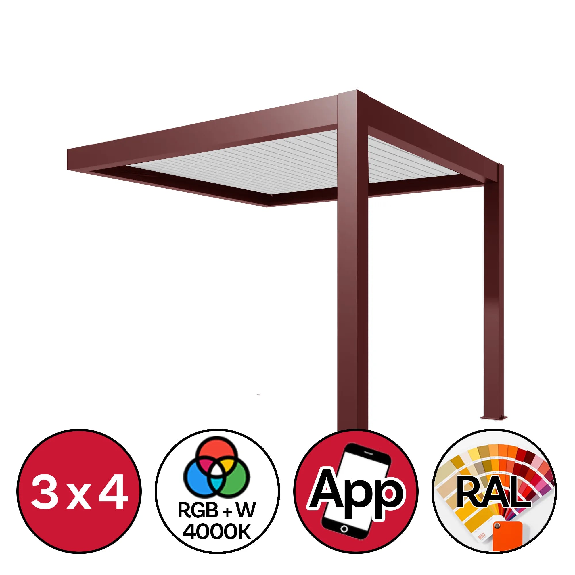 Pergola bioclimatica 3x4 addossata in alluminio con LED RGB+W 4000K e controllo app. Struttura motorizzata, 80 kg/m² carico neve, tinte RAL personalizzabili.