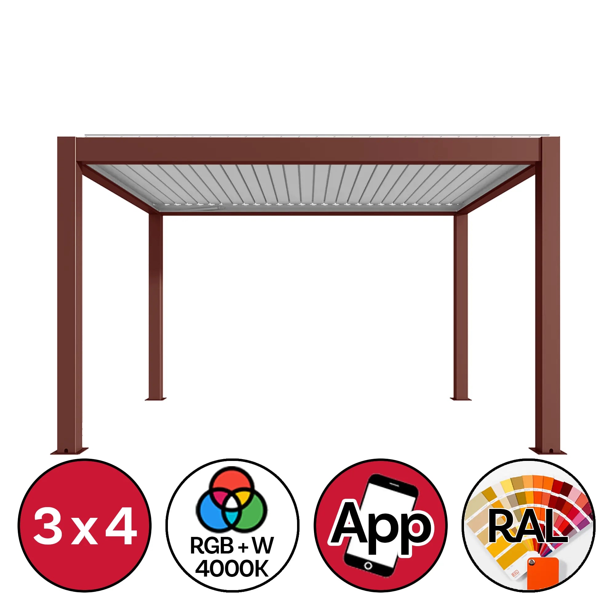 Pergola bioclimatica 3x4 metri con struttura in alluminio e colore da personalizzare, e lamelle orientabili bianche chiuse, quattro pilastri autoportanti su base rettangolare, sistema LED RGB+W 4000K, controllo app mobile e scala colori RAL per personalizzazione | DeMatteis.it
