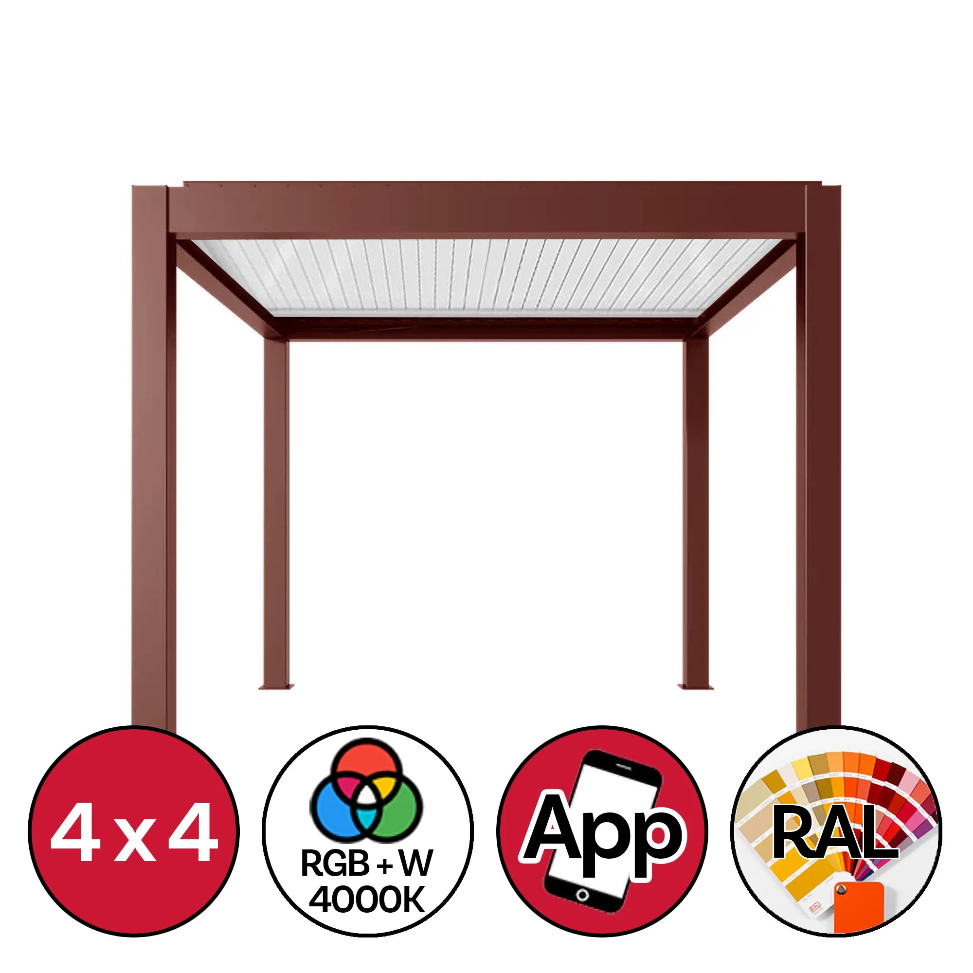 Pergola bioclimatica autoportante 4x4 metri in alluminio colore personalizzabile, con quattro pilastri 15x15 cm, lamelle orientabili chiuse e illuminazione LED RGB+W 4000K integrata, gestibile tramite app mobile e telecomando | DeMatteis.it
