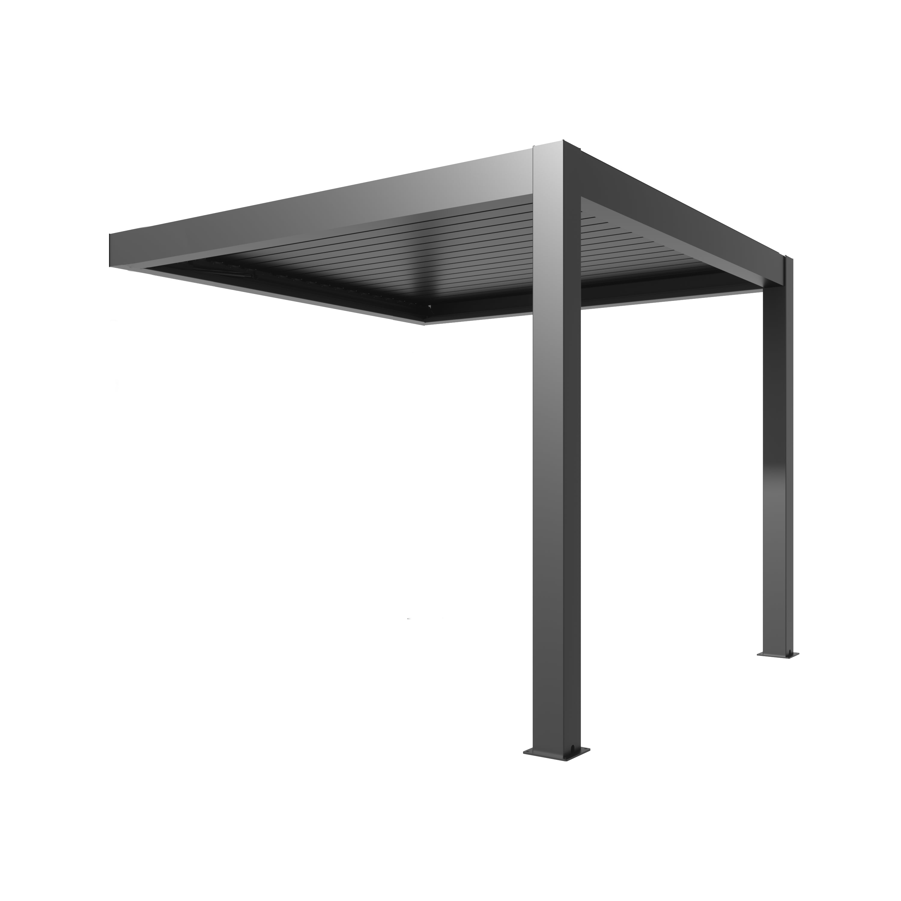 Pergola bioclimatica 4x5 addossata, antracite motorizzata con led De Matteis con struttura in alluminio verniciato, lamelle orientabili e illuminazione LED integrata per una perfetta gestione di luce e ventilazione. | Dematteis.it