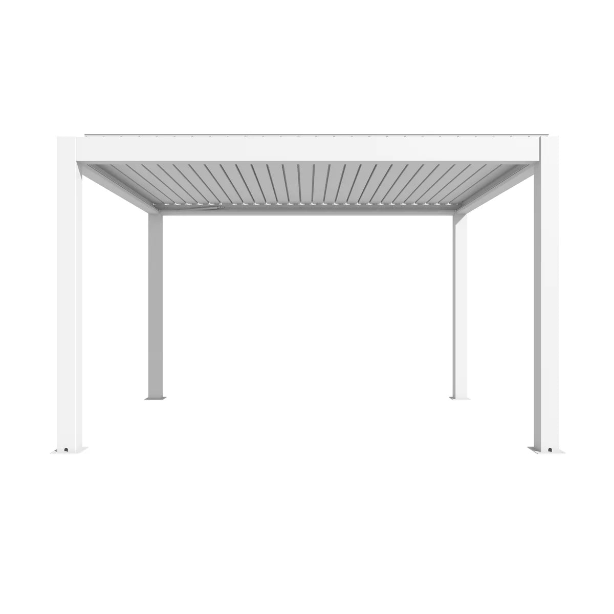 Pergola bioclimatica 4x5 bianca motorizzata con lamelle orientabili, illuminazione LED integrata e telecomando per regolazione automatica. | Dematteis.it