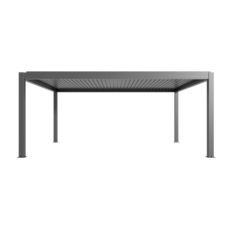 Pergola bioclimatica 4x6 antracite motorizzata con led De Matteis: struttura in alluminio con quattro colonne robuste, copertura a lamelle orientabili e sistema di illuminazione LED integrato per un comfort ottimale. | Dematteis.it
