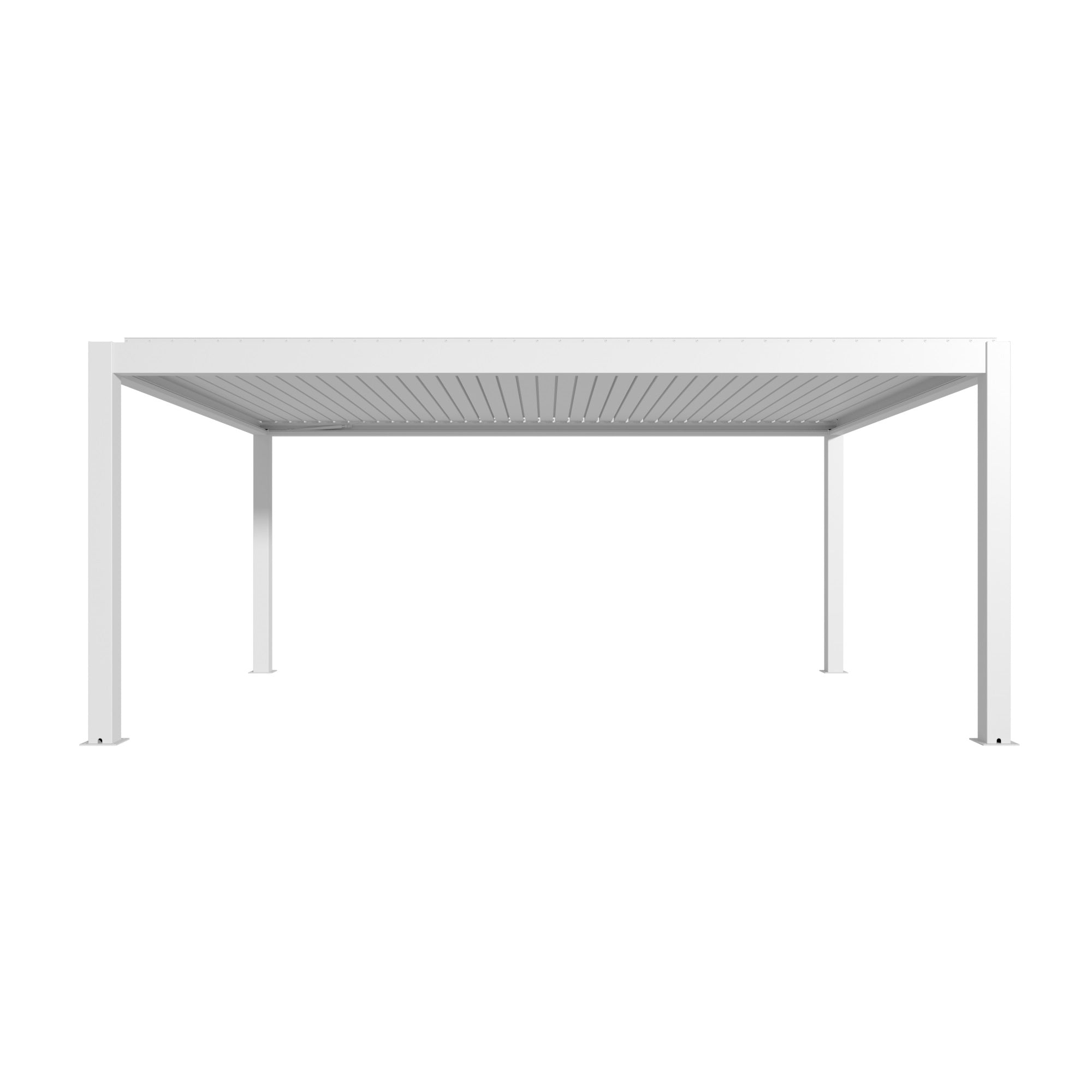 Pergola bioclimatica 4x6 bianca motorizzata con illuminazione LED integrata, struttura in alluminio con lamelle orientabili e sistema di drenaggio integrato. | Dematteis.it