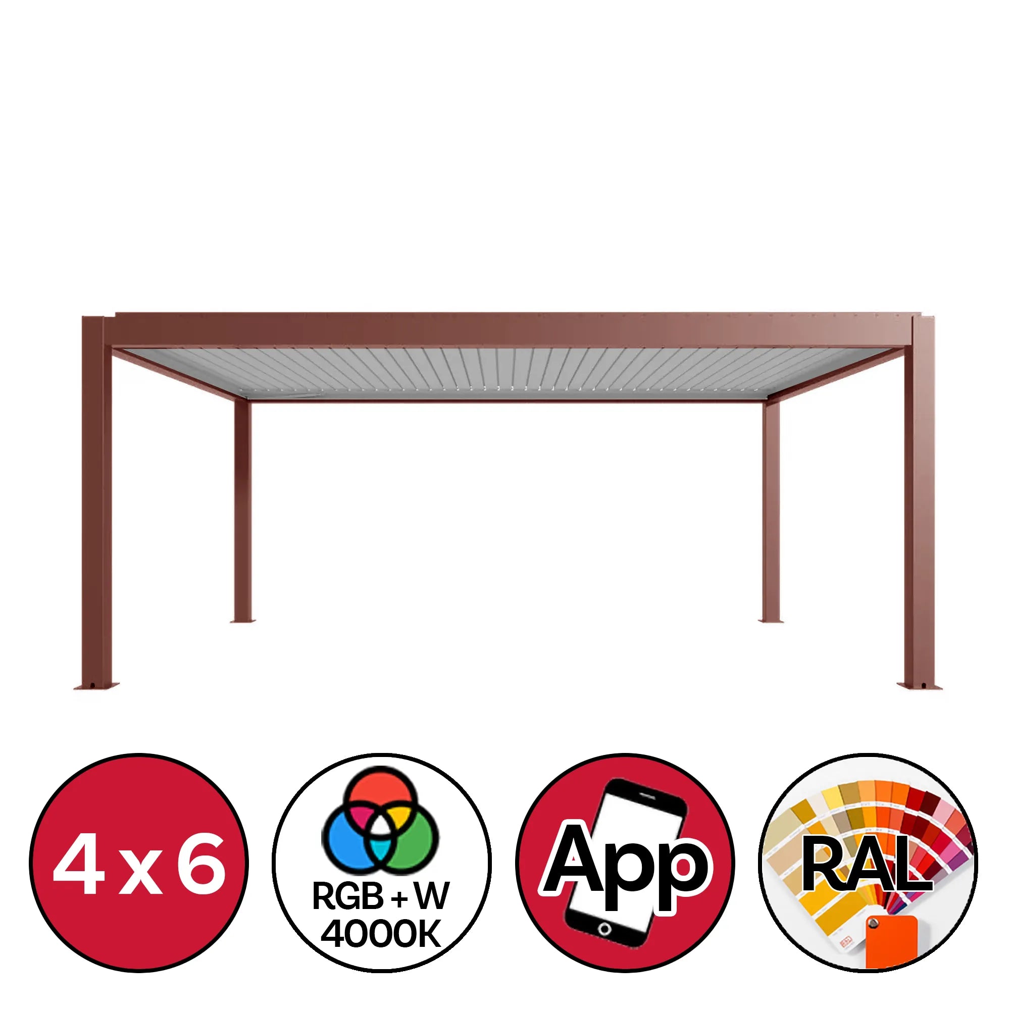 Pergola bioclimatica autoportante 4x6 metri in alluminio con quattro pilastri 15x15 cm, lamelle orientabili e icone caratteristiche: dimensioni 4x6, illuminazione LED RGB+W 4000K, controllo app smartphone, personalizzazione del colore in tinte RAL | DeMatteis.it