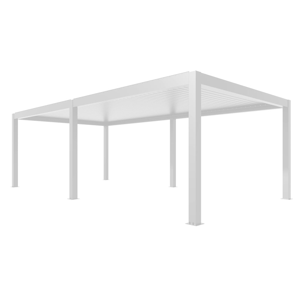 Pergola bioclimatica 4x8 bianca motorizzata con LED De Matteis con struttura in alluminio, sistema di lamelle orientabili e illuminazione integrata, perfetta per valorizzare spazi esterni domestici e professionali. | Dematteis.it