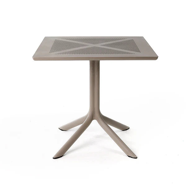 Tavolo Nardi Clipx 80 tortora con piano quadrato DurelTop, motivo a rombi foto-inciso, gamba centrale a quattro razze e piedini regolabili, ideale per spazi esterni. | Dematteis.it