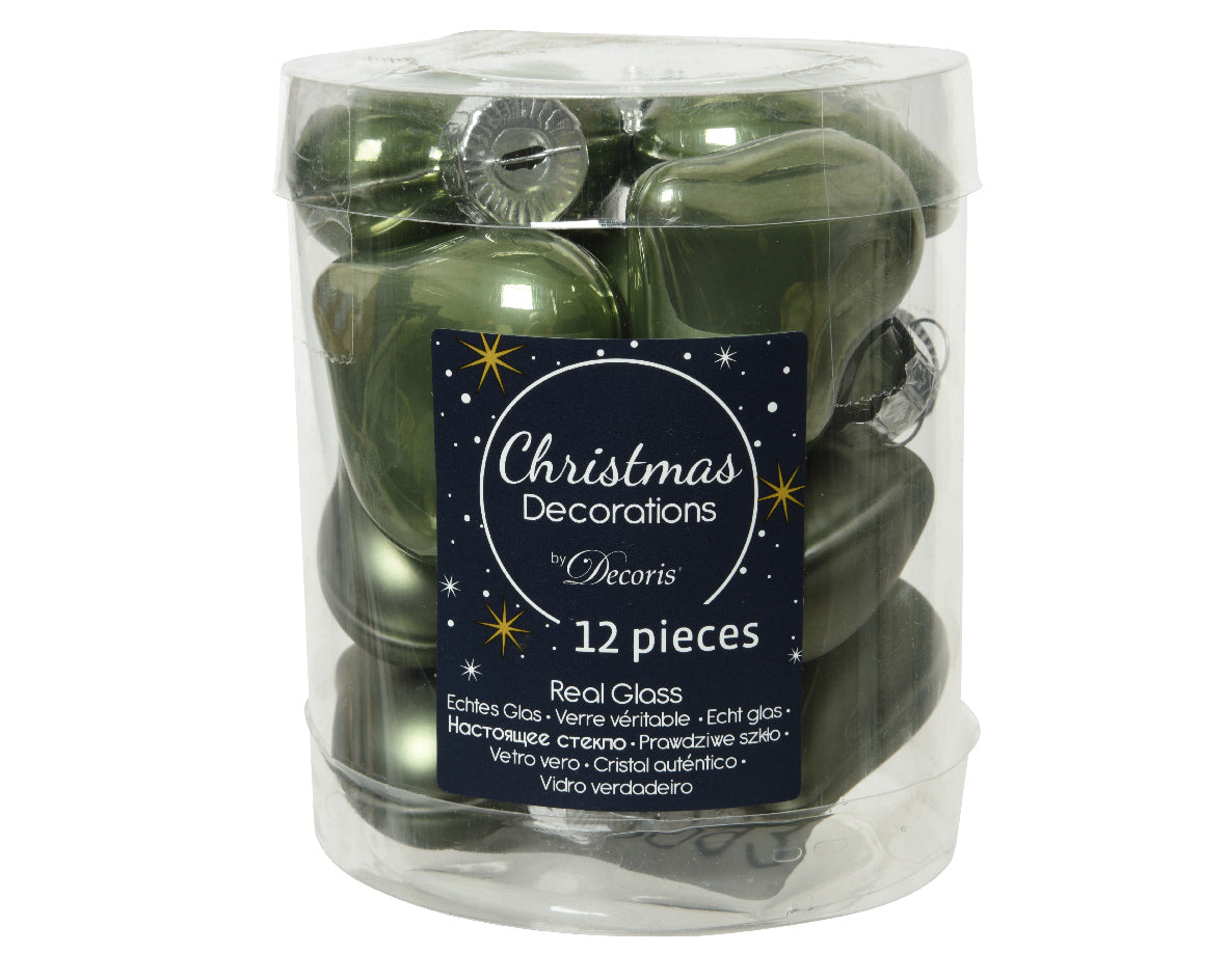 Box 12 cuori in vetro decorazioni natalizie dimensioni 2x4,5x4 cm moss green - DeMatteis.it