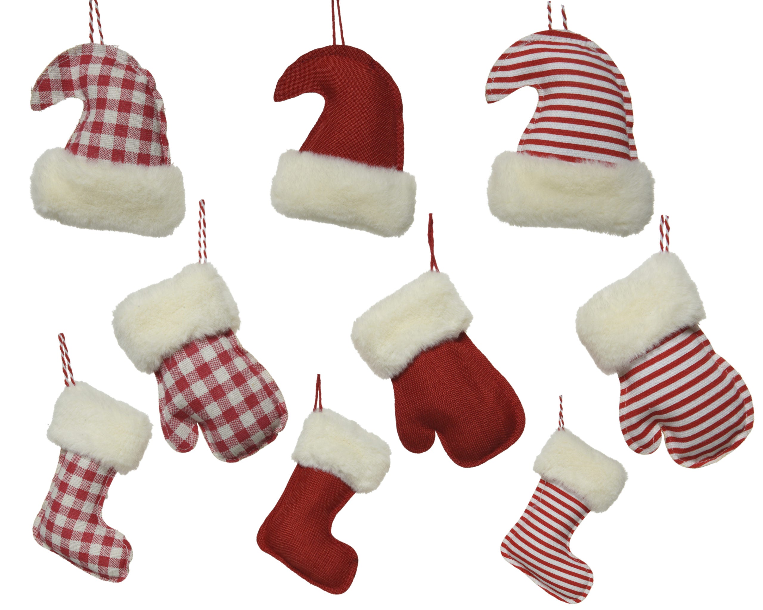 Set decorazioni natalizie da appendere con cappelli di Babbo Natale, guanti e calzine della Befana in tessuto per addobbi natalizi - DeMatteis.it