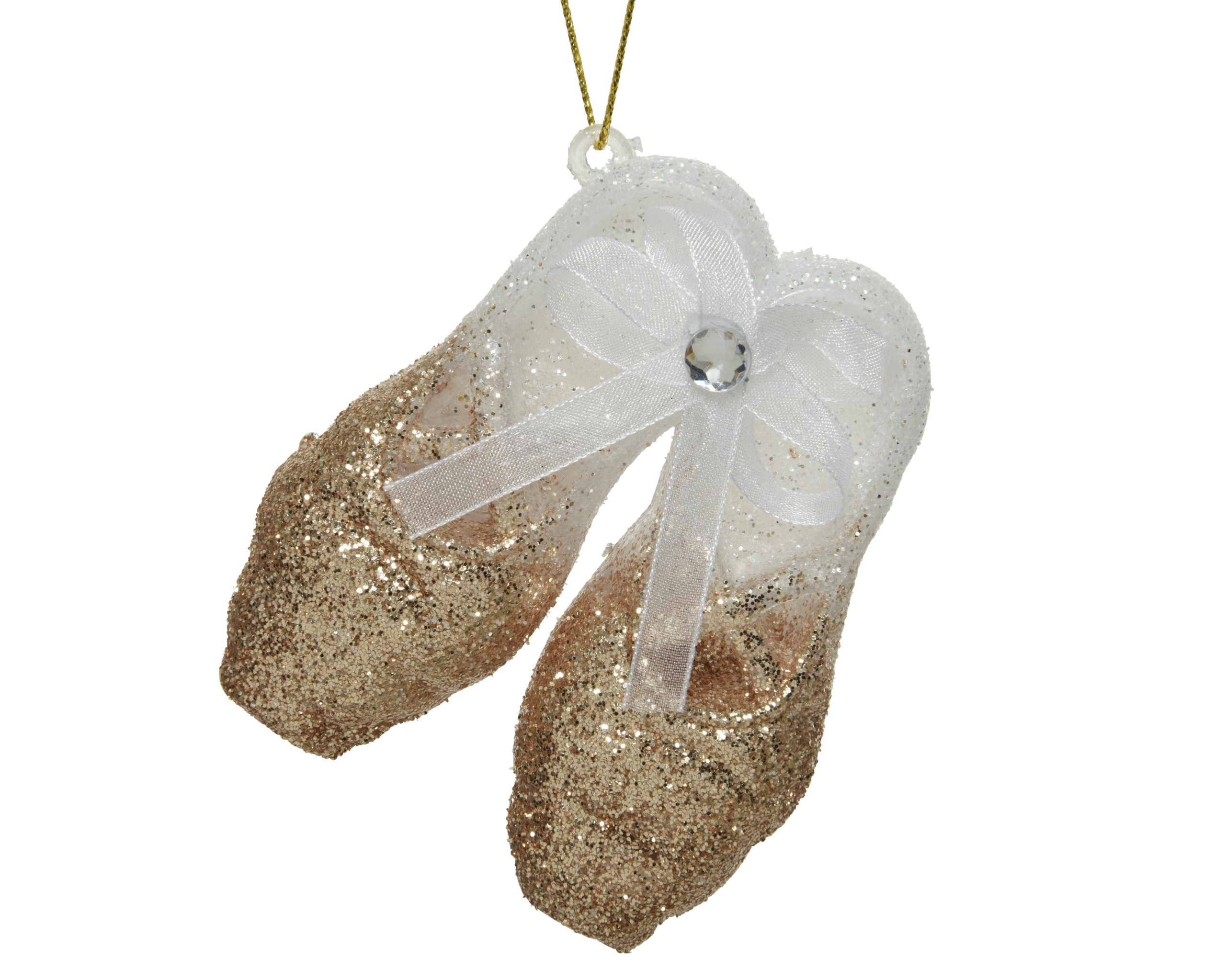 Decorazione natalizia scarpe ballerina champagne 10 cm con fiocco e glitter per albero di Natale - DeMatteis.it