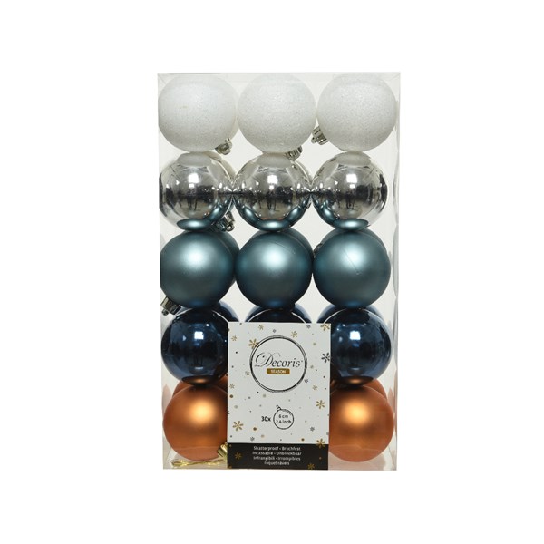 Box 30 Palline Di Natale D 6 Cm Ambra Blu Argento