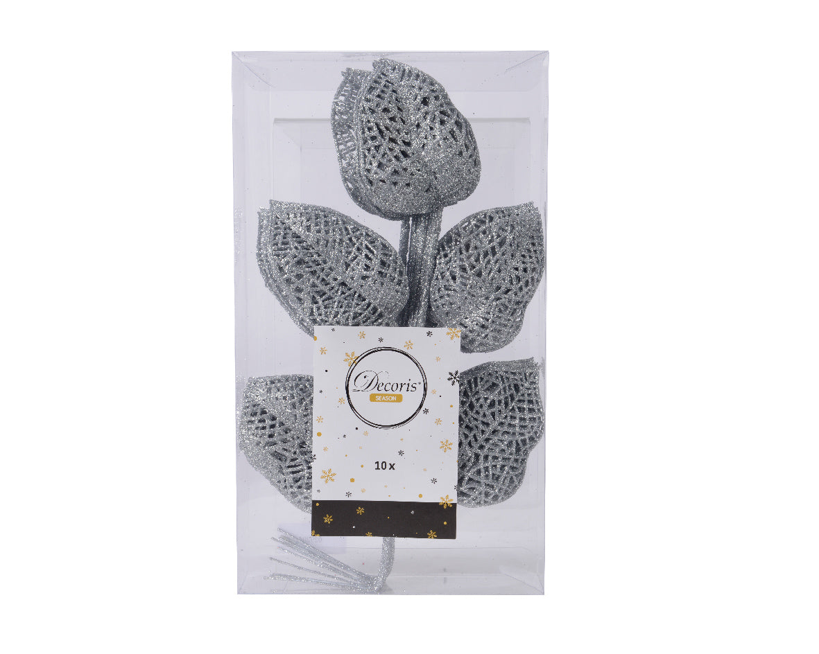 Box 10 rami con foglie silver decorative per addobbi natalizi e ornamentazione 16x36 cm - DeMatteis.it