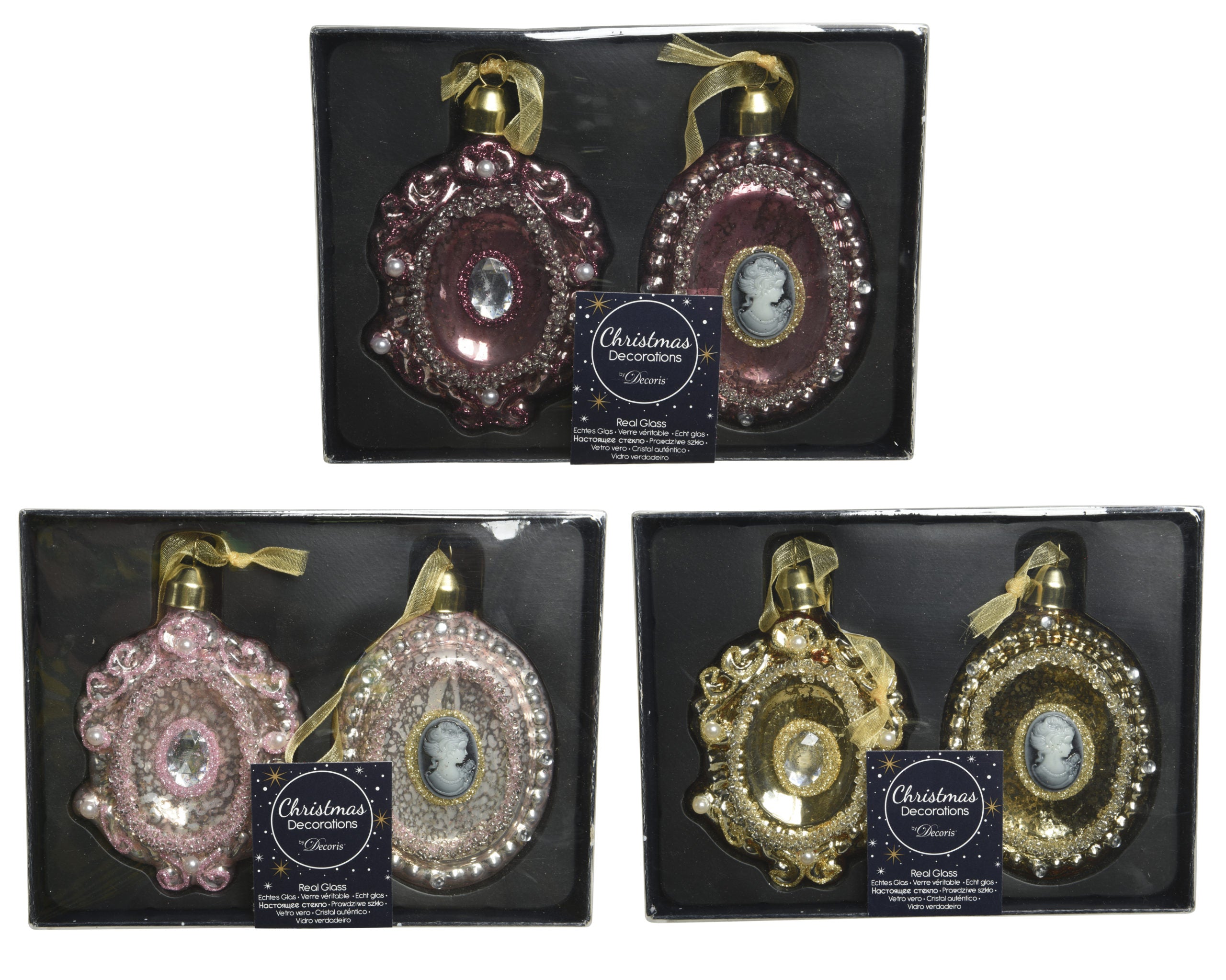 Ornamento Vetro Natalizio decorazione natalizia da 9 cm con dettagli decorativi e fiocco dorato - DeMatteis.it