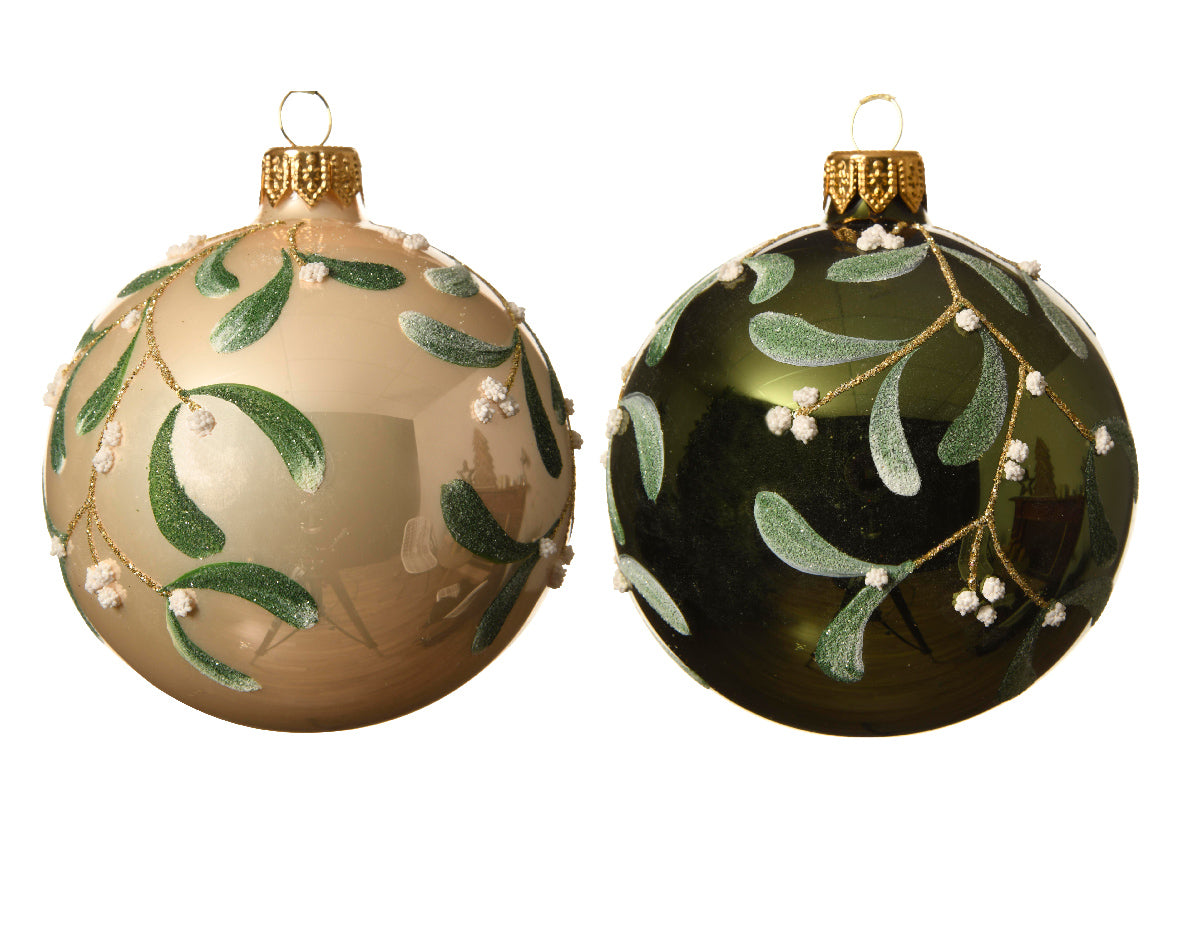Sfera Vetro D 8 Cm Decoro Foglie Vischio 1 Pz