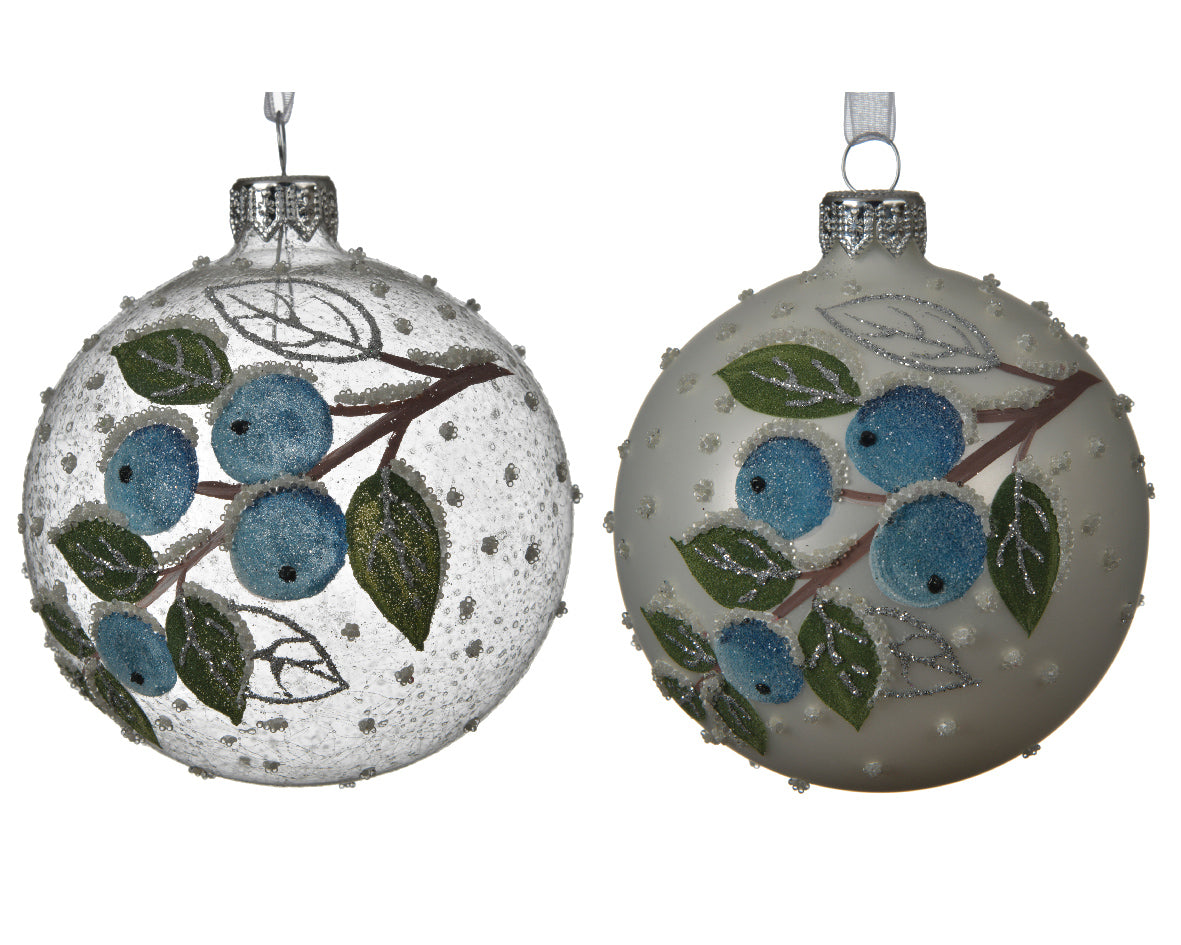 Sfera D 8 Cm Vetro Decoro Ramo Bacche Blu 1 Pz