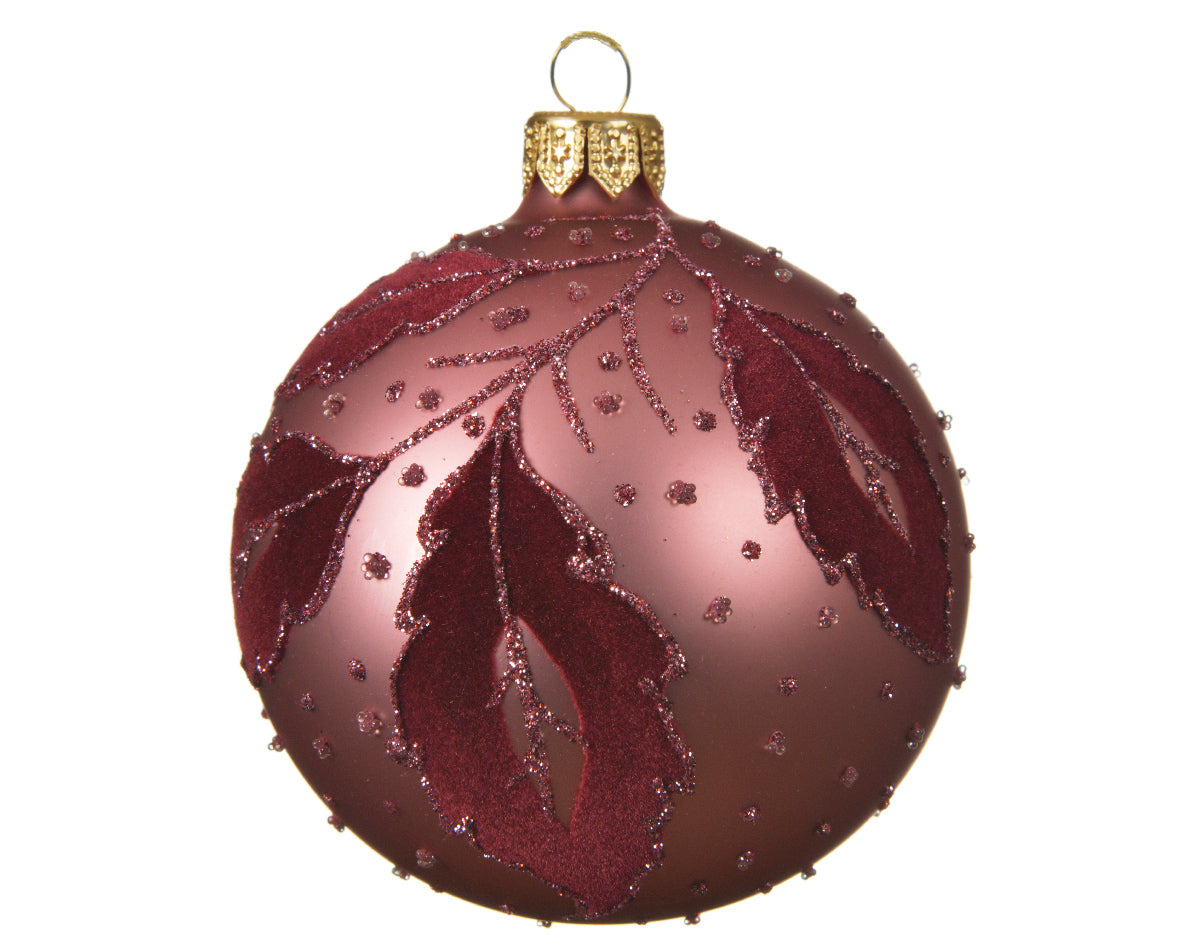 Palla di Natale decorativa da 8 cm con motivo foglie in velluto per addobbi natalizi - DeMatteis.it