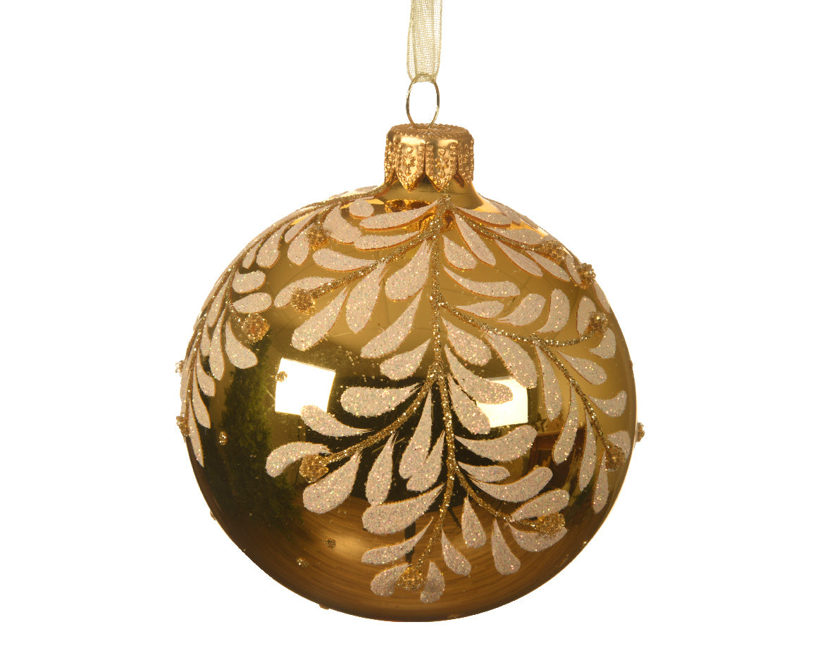 Palla di Natale diametro 8 cm light gold con decoro foglie oro per addobbi natalizi - DeMatteis.it