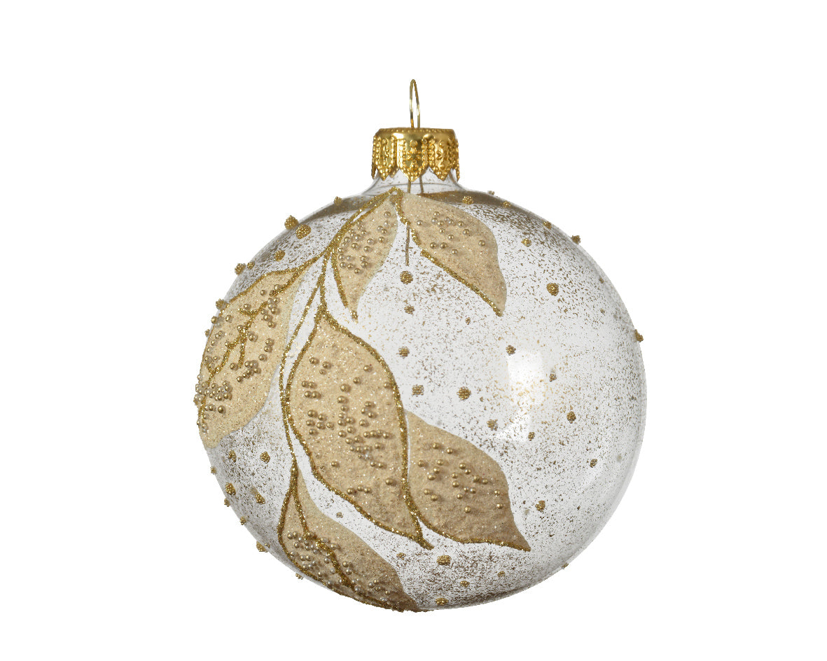 Pallina Di Natale Trasparente decorazione natalizia con foglie oro diametro 8 cm per albero di Natale - DeMatteis.it