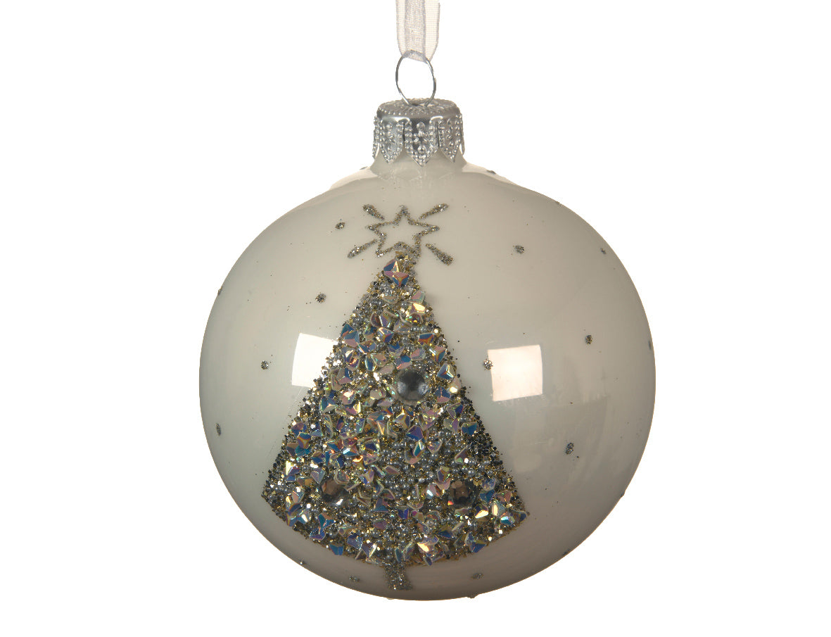 Pallina di Natale Winter White diametro 8 cm per decorazione albero con decorazione argentata - DeMatteis.it