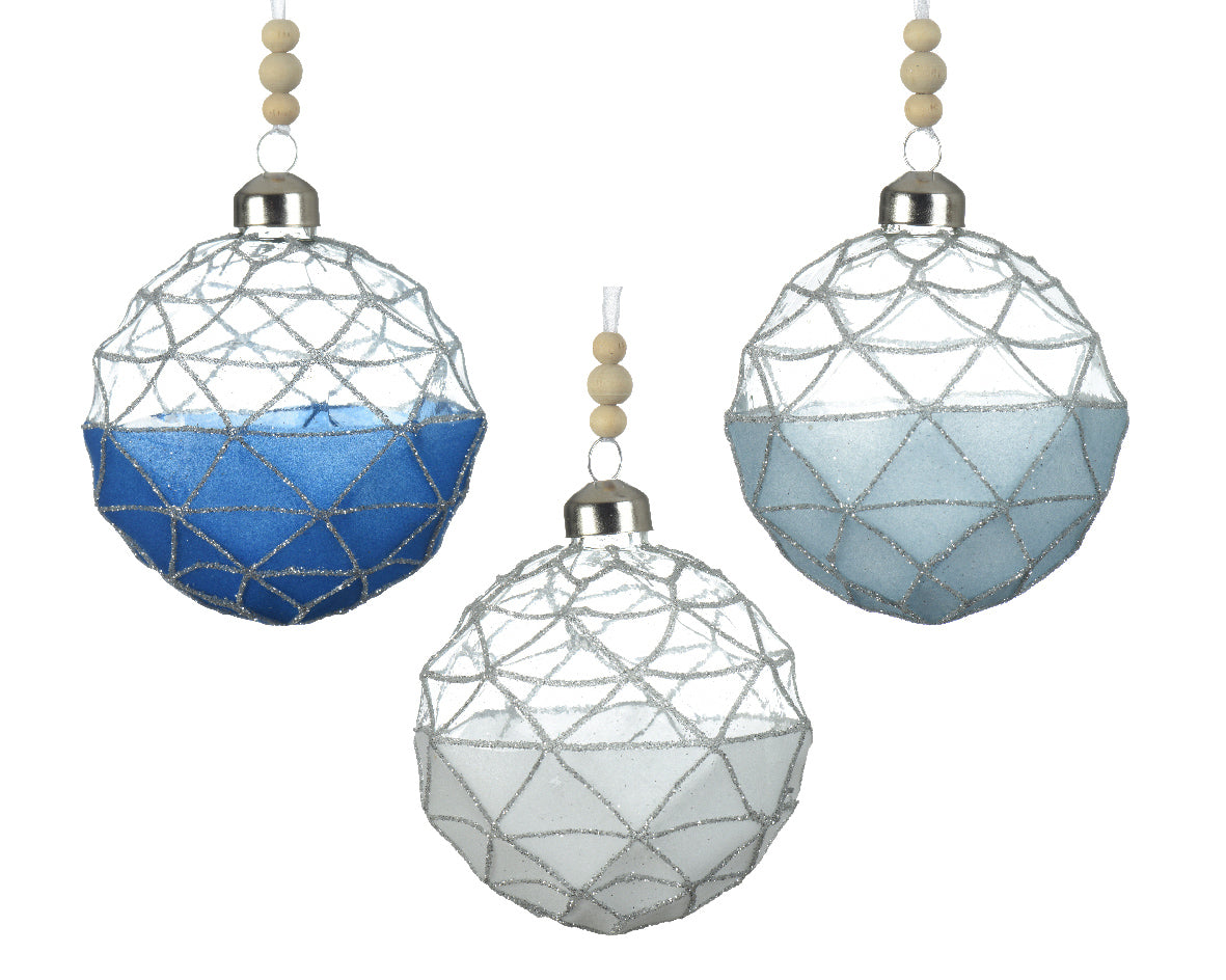Pallina di Natale in vetro azzurro diametro 8 cm decorazione natalizia con motivo geometrico - DeMatteis.it
