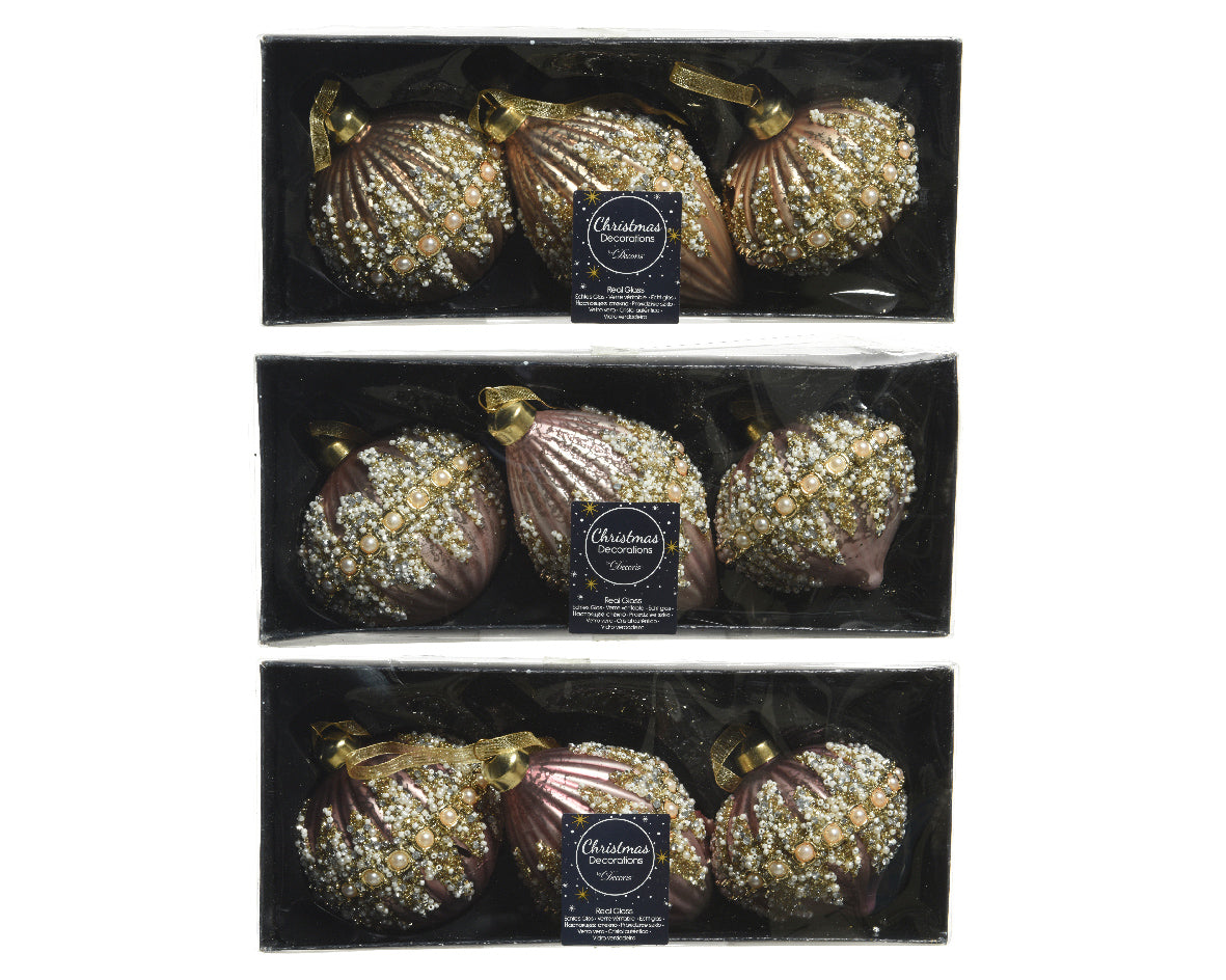 Box 3 ornamenti natalizi in vetro diametro 8x12 cm con decorazioni in rilievo dorate per albero di Natale - DeMatteis.it