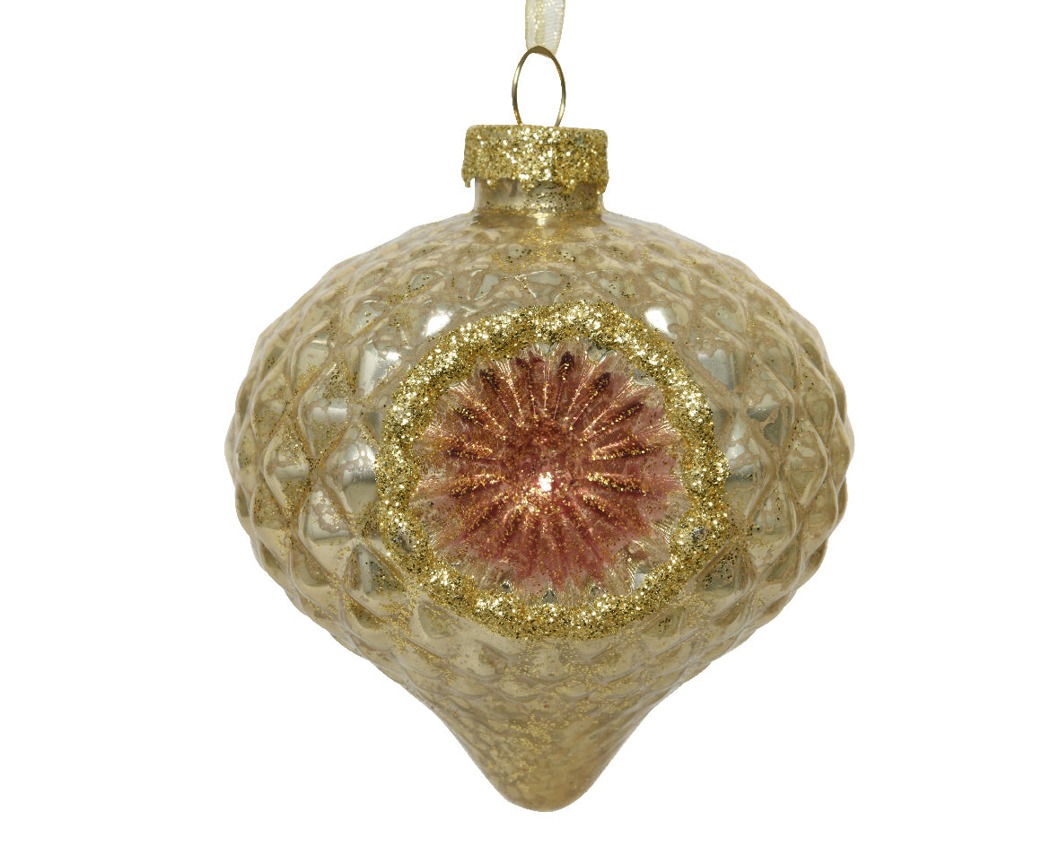 Ornamento natalizio in vetro a goccia con decorazioni dorate e centro rosa, dimensioni 8x7x9 cm - DeMatteis.it