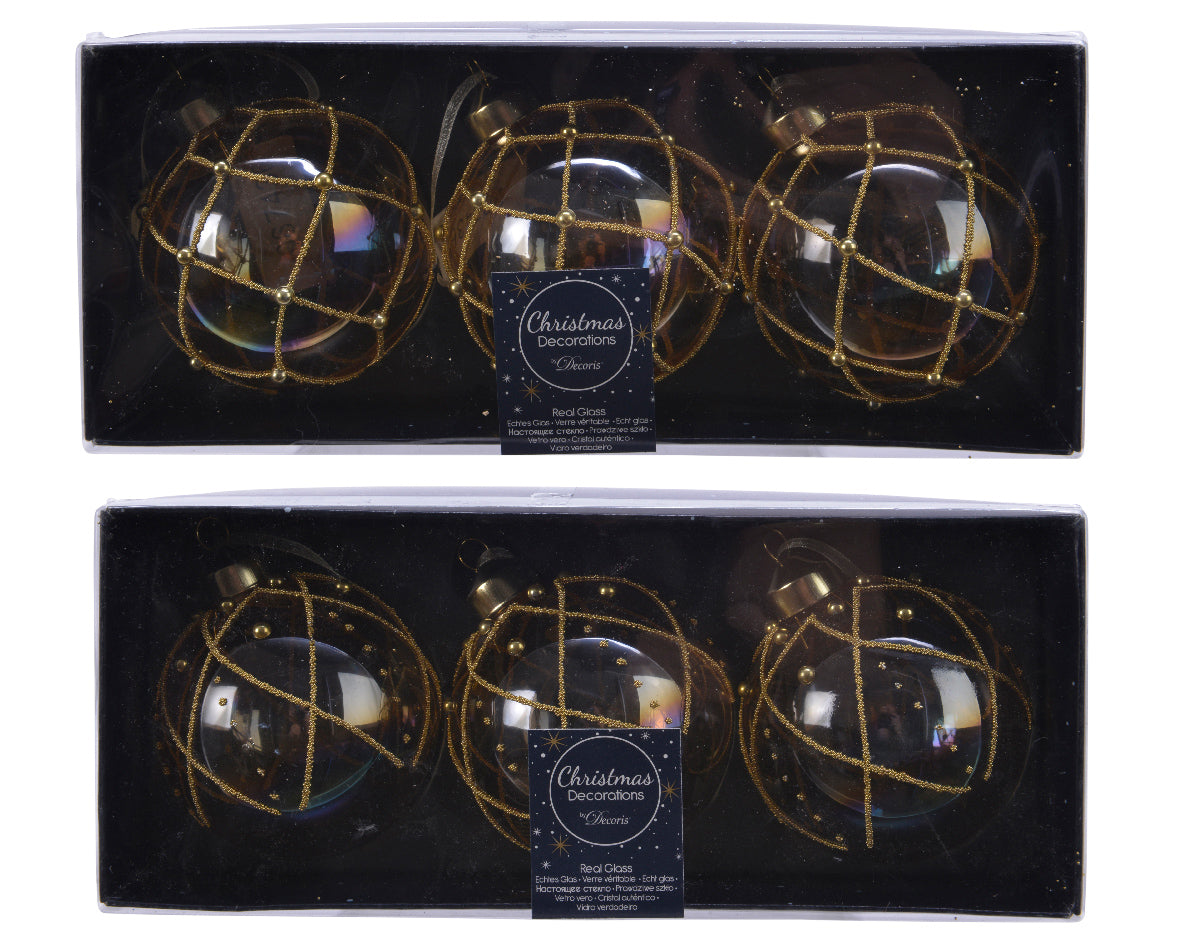 Box 3 Palle Di Natale diametro 8 cm trasparenti con decoro oro per addobbi natalizi - DeMatteis.it