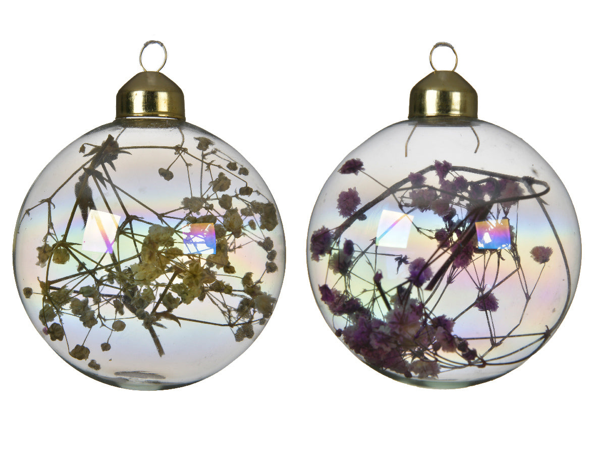 Palla di Natale trasparente diametro 8 cm con rami e fiori secchi naturali all'interno per decorazioni natalizie - DeMatteis.it