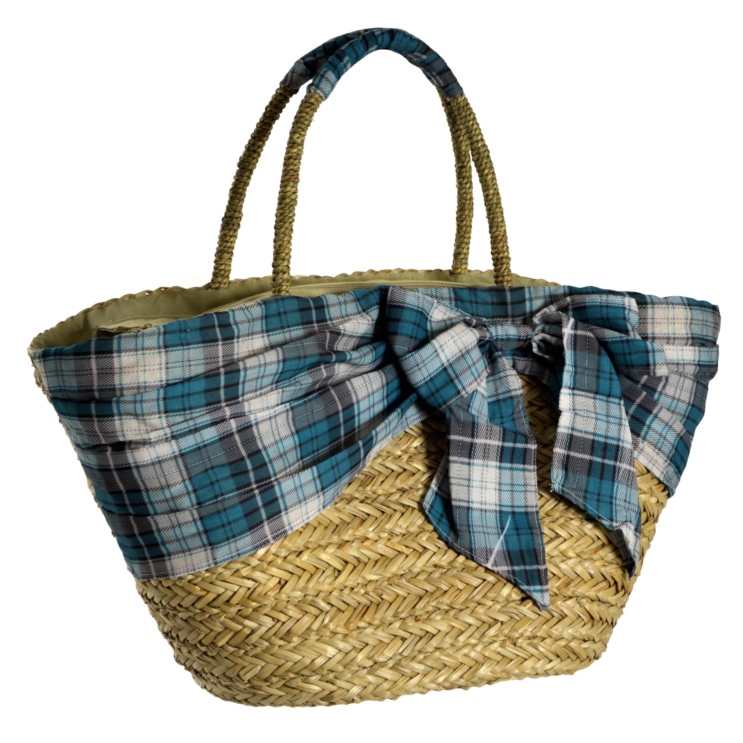 Borsa Paglia Fodera E Fiocco Tartan Azzurro 58X20X30 Cm
