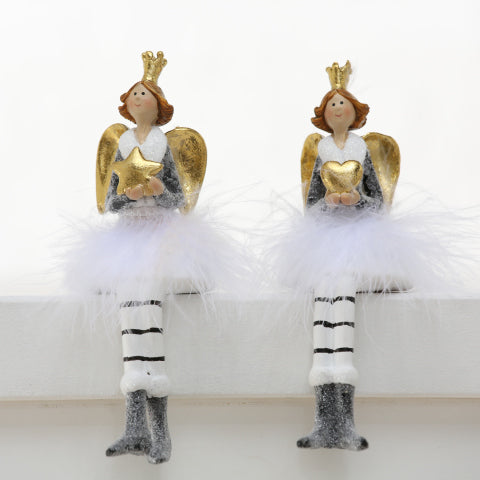 Angelo Seduto Bianco Oro Piume 14 cm decorazione natalizia con tutù e gambe a righe - DeMatteis.it