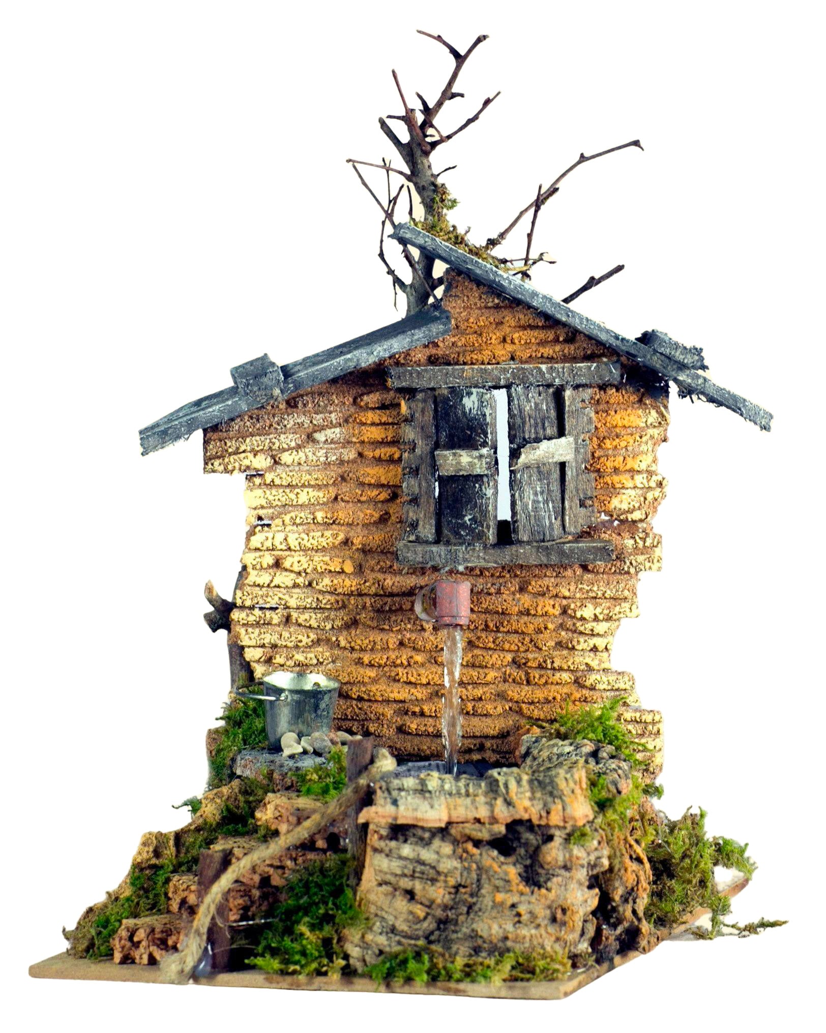 Fontana con pompa decorativa per presepe 14x20x25 cm con casa rustica e vegetazione - DeMatteis.it