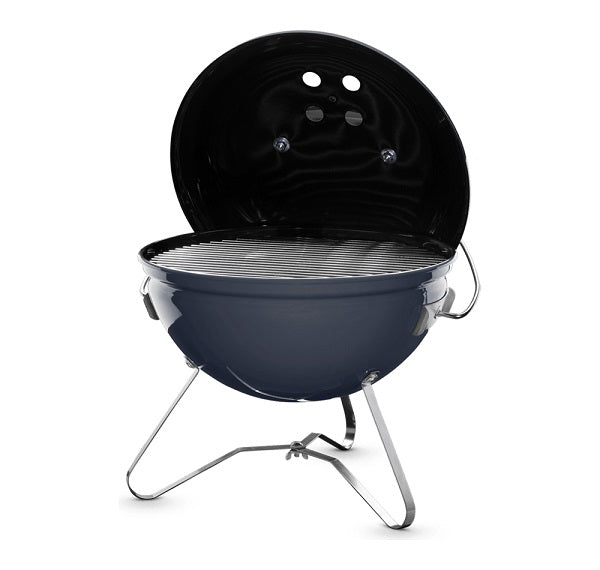 Weber, Barbecue Smokey Joe Blu portatile a carbone con coperchio nero aperto, griglia cromata e gambe pieghevoli in acciaio - DeMatteis.it