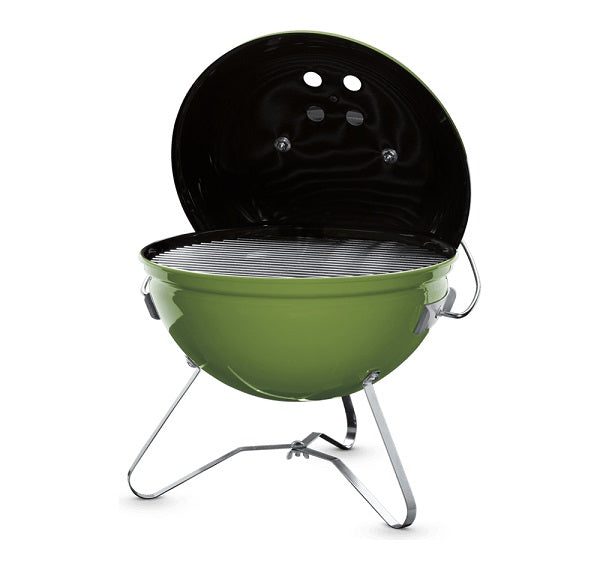 Weber, Barbecue a carbone Smokey Joe Verde con coperchio nero aperto, griglia cromata circolare e gambe pieghevoli in acciaio - DeMatteis.it