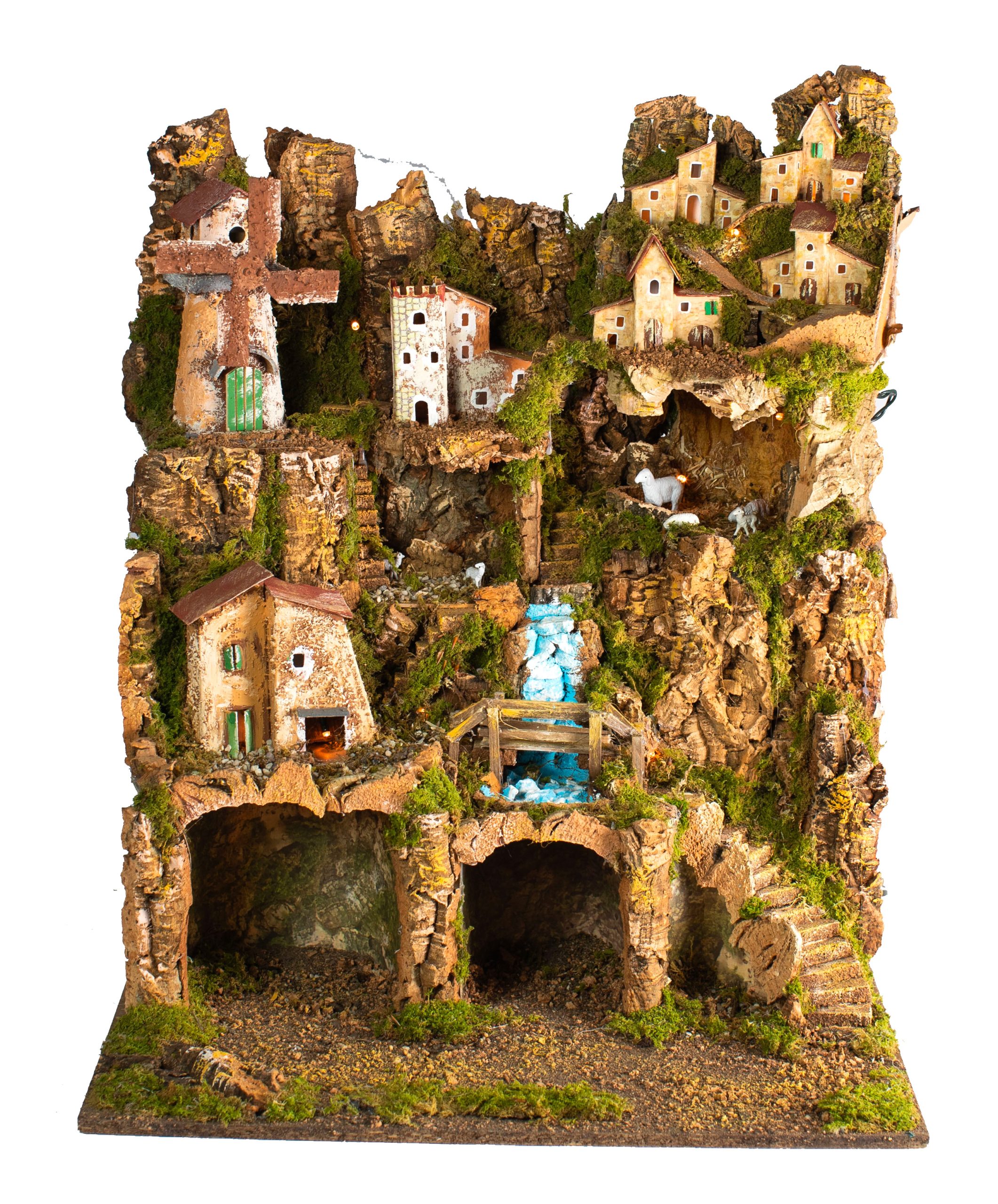 Presepe 52x45x65 cm con luci e mulino a vento funzionante per decorazioni natalizie - DeMatteis.it