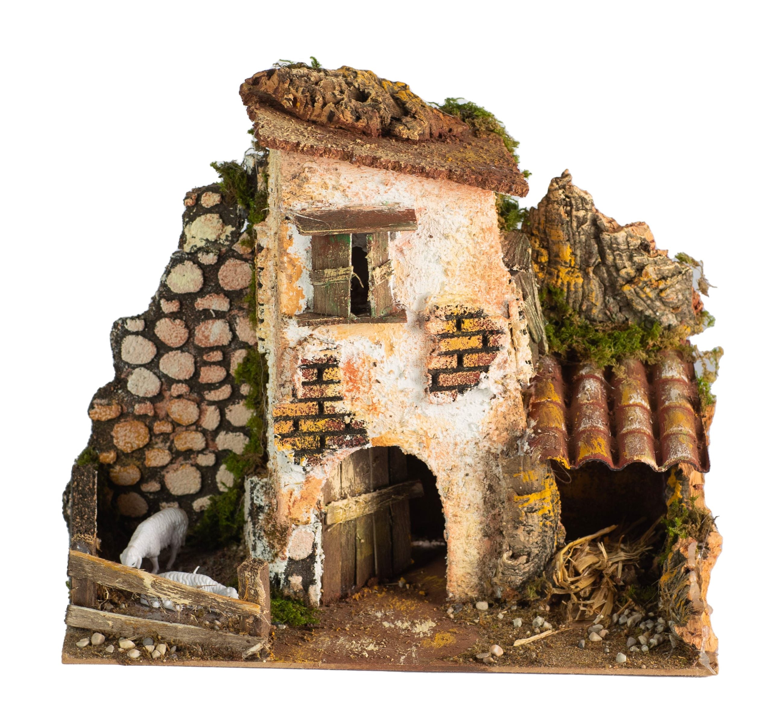 Casolare presepe con animali scenografia natalizia artigianale 28 x 15 x 24 cm Rossi Rosa - DeMatteis.it