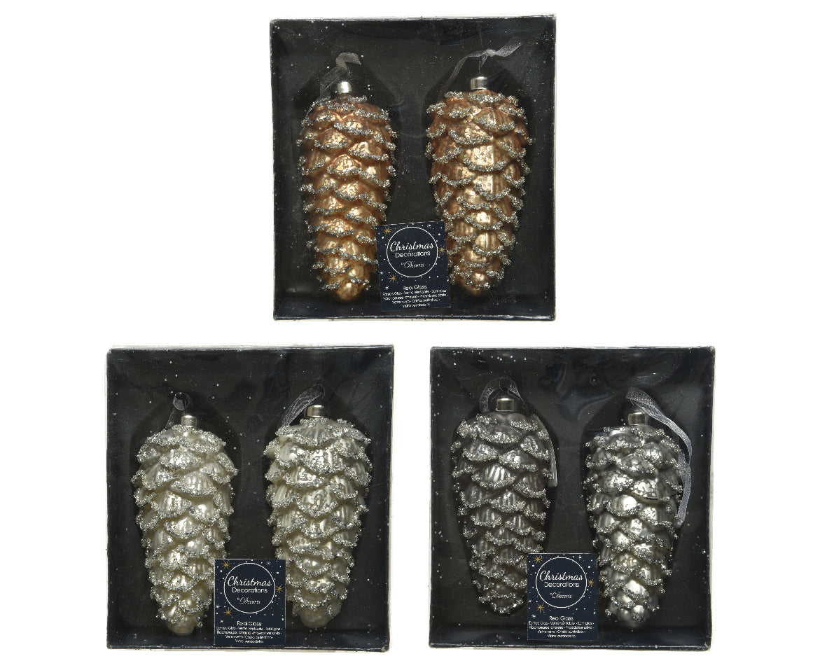 Box 2 pigne vetro decorazioni natalizie dimensioni 5x12 cm con decoro argento per addobbi natalizi - DeMatteis.it