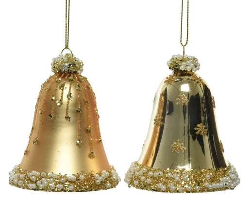Set 2 Campane Vetro Oro decorazioni natalizie da appendere 7 x 8 cm con dettagli dorati - DeMatteis.it
