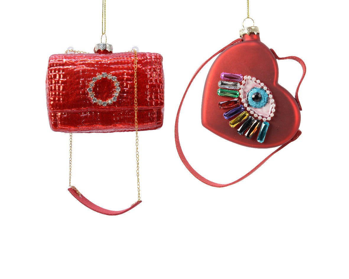 Pendente natalizio decorativo a forma di borsetta rossa con decorazioni gioiello, dimensioni 4 x 11 x 10 cm - DeMatteis.it
