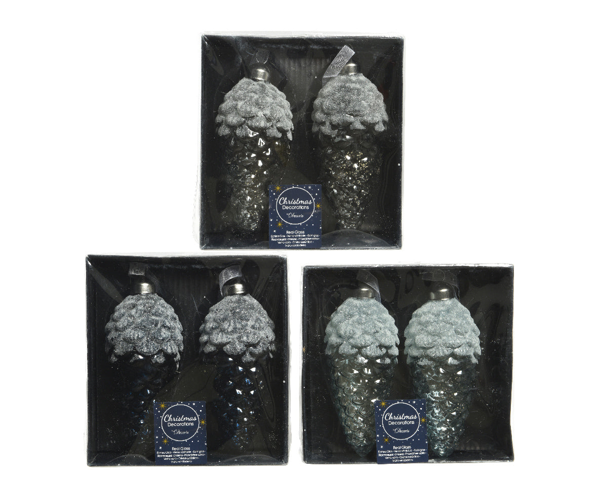 Box 2 Pigne Vetro Azzurre Ghiacciate decorazioni natalizie in vetro con effetto brinato per addobbi natalizi - DeMatteis.it