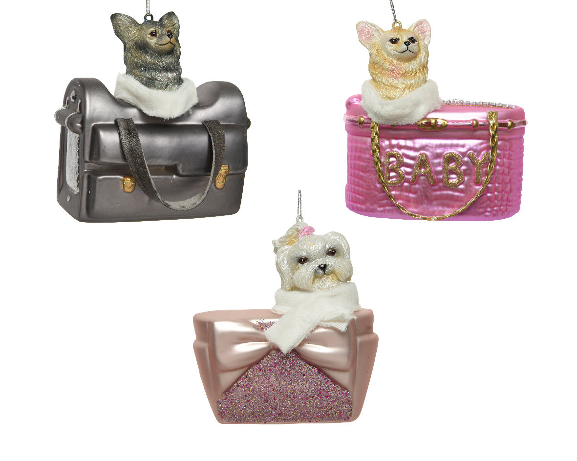 Pendente Borsa Con Cagnolino Vetro ornamento natalizio dimensioni 10 x 6 x 11 cm - DeMatteis.it