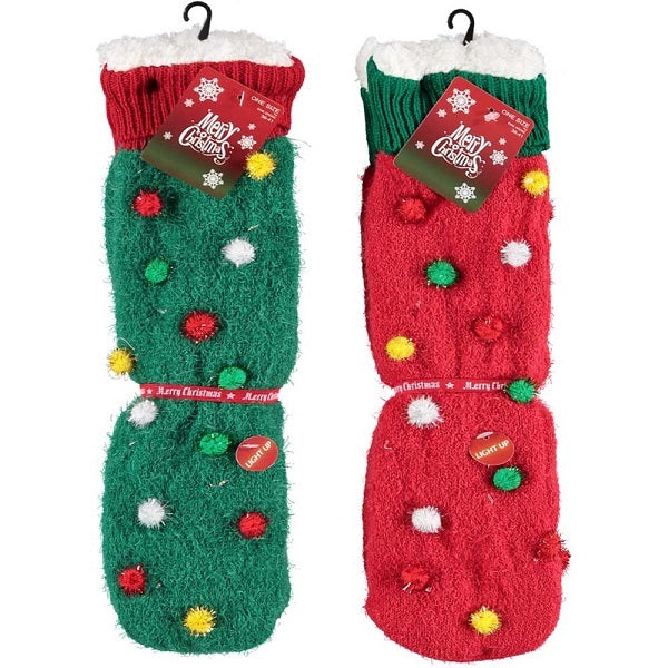 Calze natalizie da donna in coppia con decorazioni festive e pon pon colorati per abbigliamento natalizio - DeMatteis.it