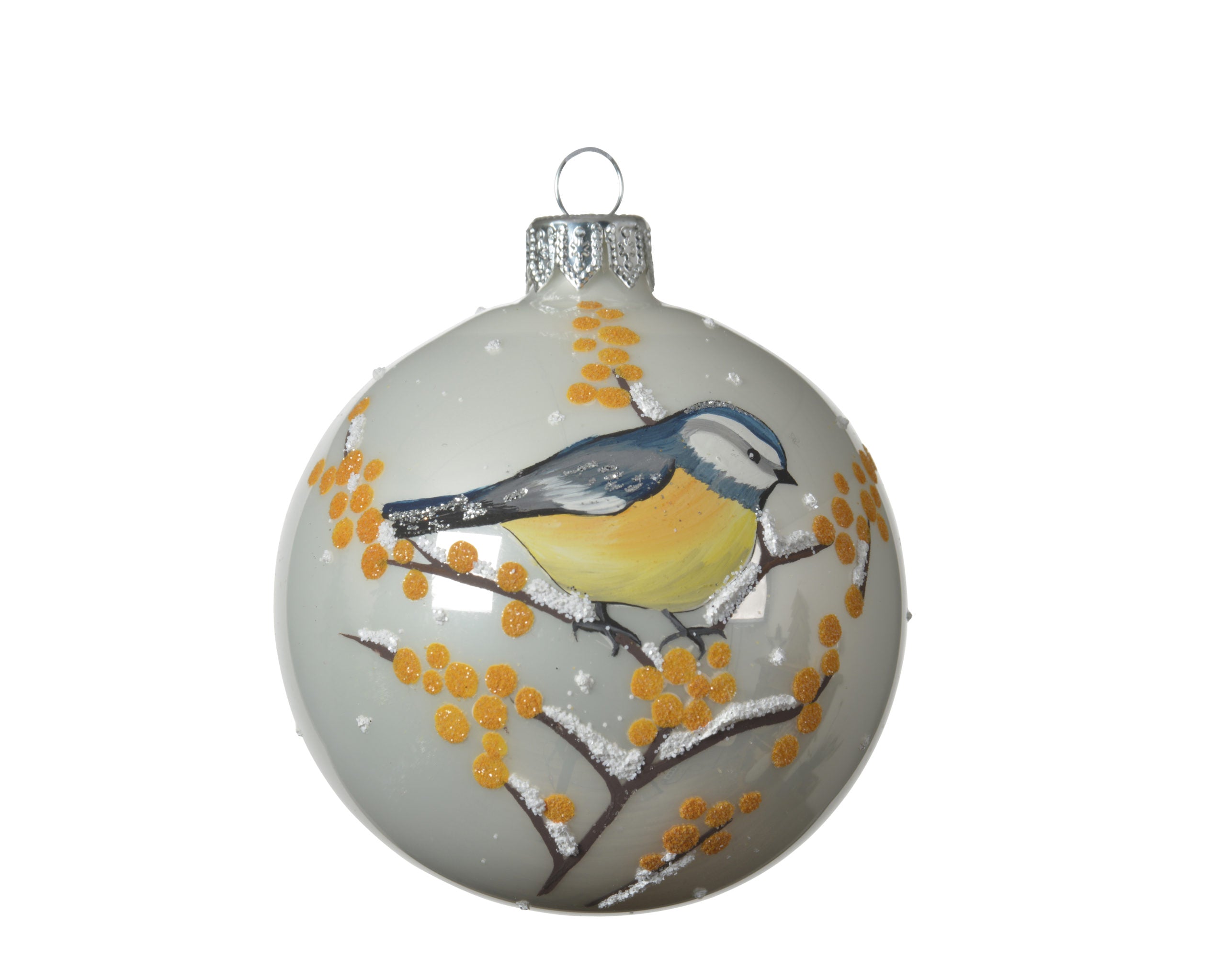 Pallina Di Natale Uccellino Blu Rami Arancioni decorazione natalizia diametro 8 cm - DeMatteis.it