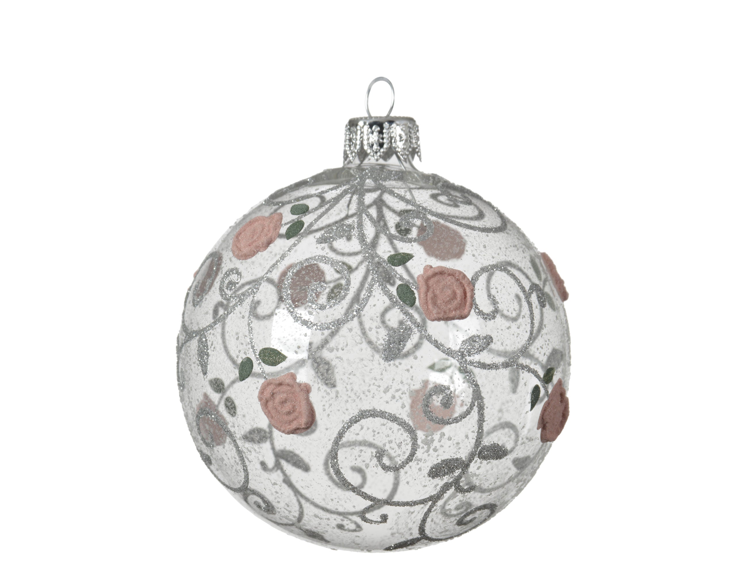 Pallina Di Natale Drappo Argento Con Bacche decorazione natalizia diametro 8 cm con motivi floreali - DeMatteis.it