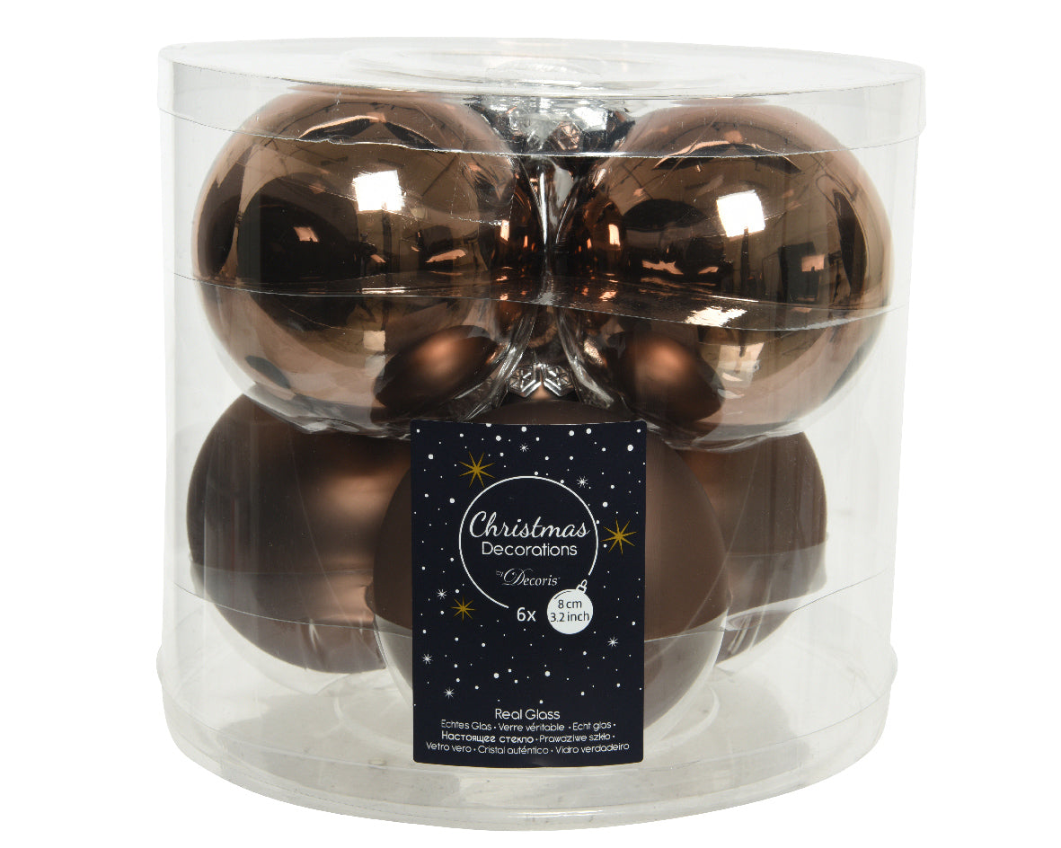 Box 6 Palline Di Natale Vetro diametro 8 cm Walnut per decorazioni natalizie - DeMatteis.it