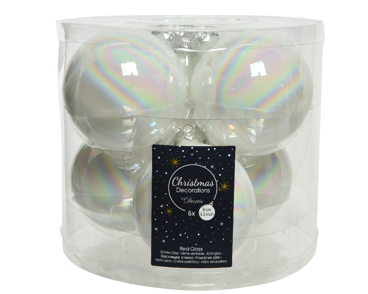 Box 6 Palline Di Natale White Iris in vetro diametro 8 cm per decorazioni natalizie - DeMatteis.it